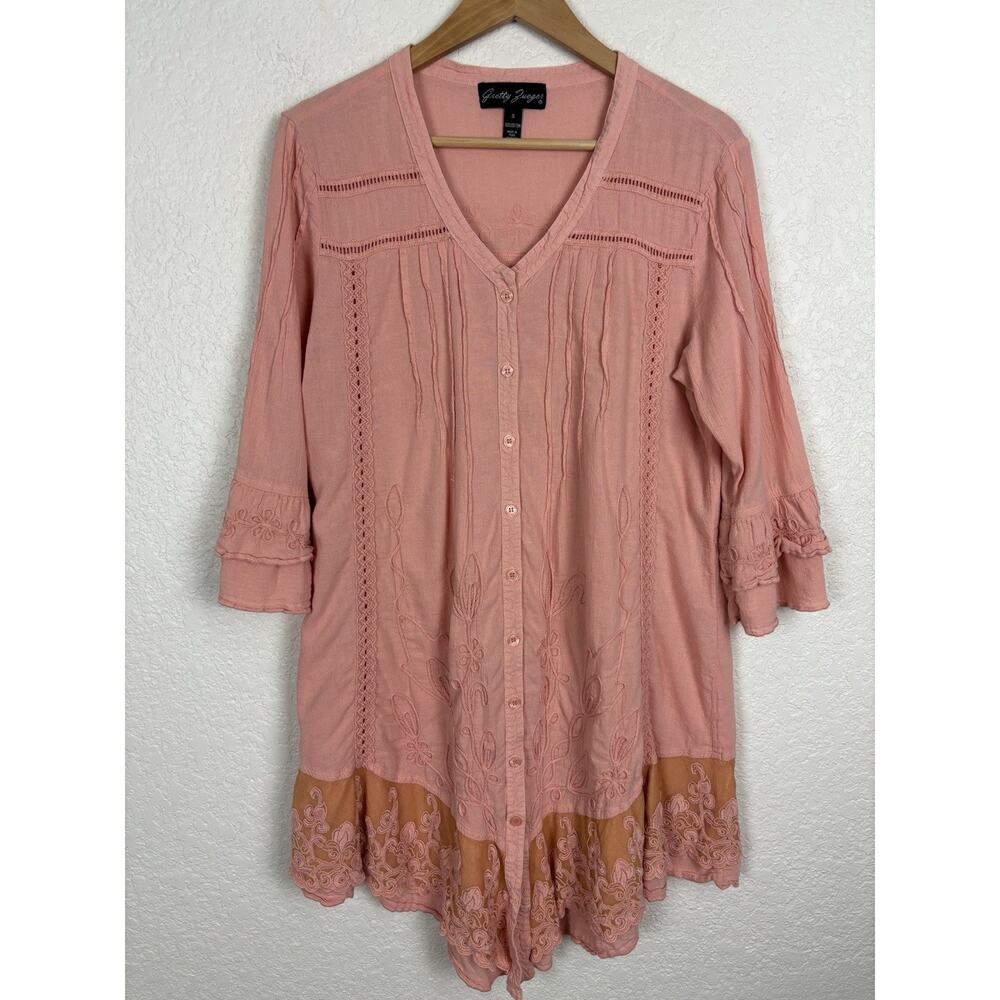 Gretty Zueger 100% Cotton‎ Women’s Tunic Top Sz Small Pink Lace Lagenlook Boho